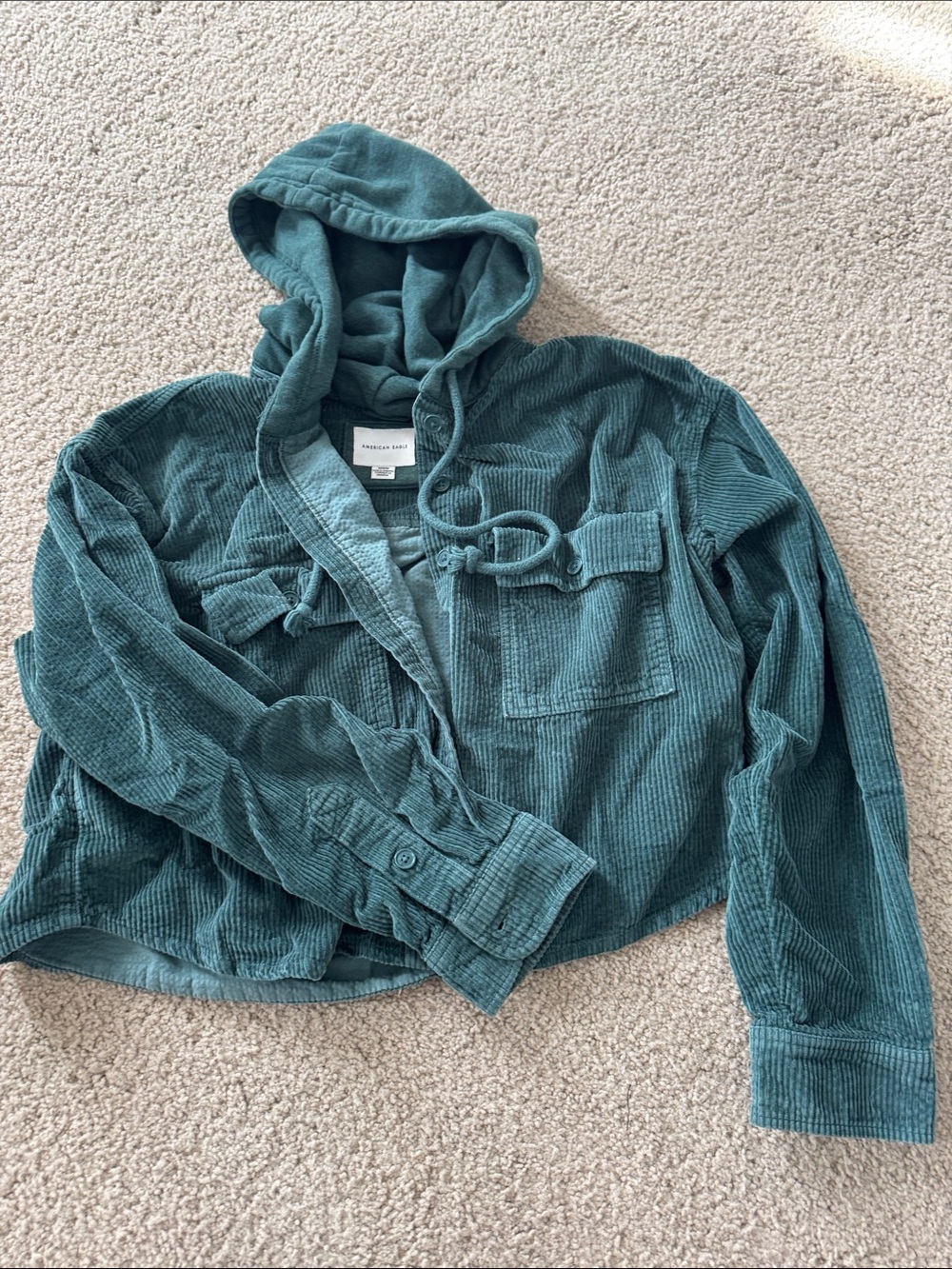American Eagle Outfitters Green Corduroy Hooded Utility Jacket